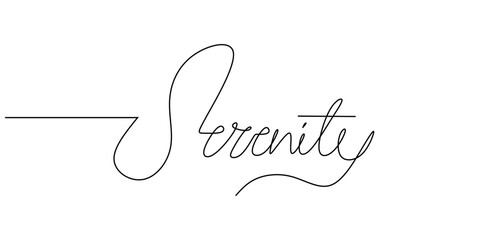 One continuous line drawing typography line art of serenity word writing isolated on white background.