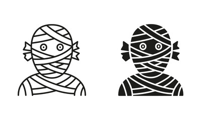 Mummy Line and Silhouette Black Icon Set. Funny Halloween Party Costume. Spooky Undead in Bandage. Horrible Monster in Wrap Symbol Collection. Isolated Vector Illustration