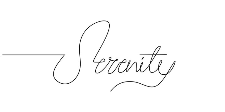 One continuous line drawing typography line art of serenity word writing isolated on white background.