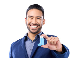 Happy man, asthma and health with medicine and pump, portrait and prescription isolated on transparent png background. Breathing problem, sick lungs and healthcare, male professional with inhaler - obrazy, fototapety, plakaty