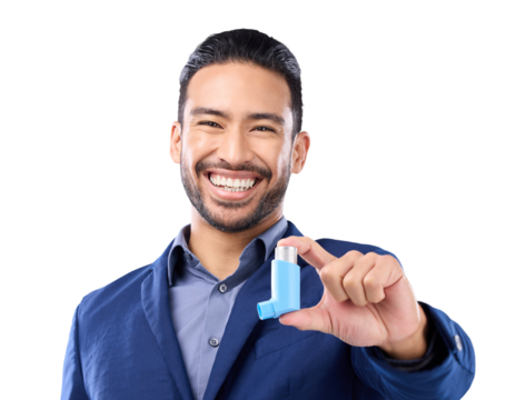Happy man, asthma and health with medicine and pump, portrait and prescription isolated on transparent png background. Breathing problem, sick lungs and healthcare, male professional with inhaler