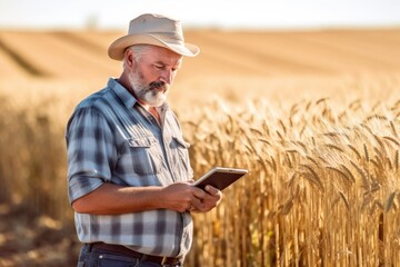 Smiling farmer standing in field with tablet, AI Generative