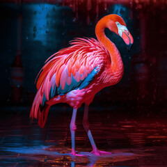 Beautiful majestic Rainbow flamingo in urban background with city lights. AI generated