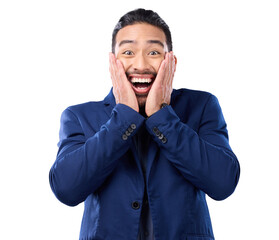 Surprise, excited and portrait of a business man with wow, happiness and good news. Winner, promotion and happy professional male person with hands on face isolated on a transparent, png background