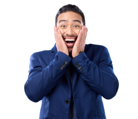 Surprise, excited and portrait of a business man with wow, happiness and good news. Winner, promotion and happy professional male person with hands on face isolated on a transparent, png background