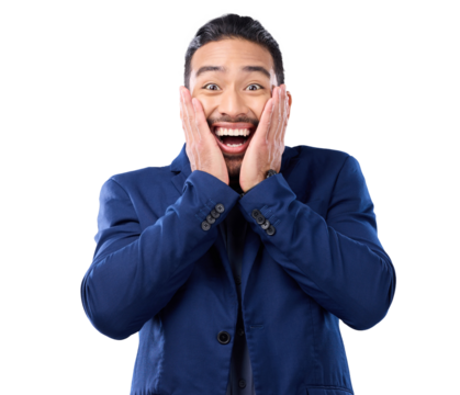 Surprise, excited and portrait of a business man with wow, happiness and good news. Winner, promotion and happy professional male person with hands on face isolated on a transparent, png background