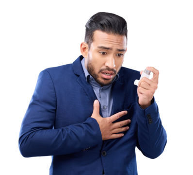 Asthma pump, businessman and breathe for chest infection, medical health or worried of cough. Sick, stress and professional male person with inhaler for oxygen isolated by transparent png background.