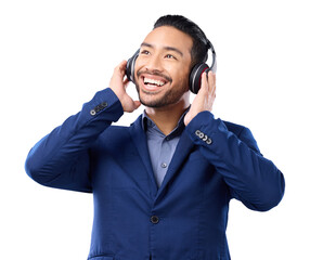 Headphones, music and business man isolated on transparent png background for audio streaming...