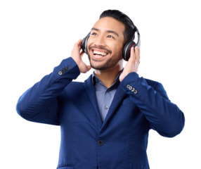 Headphones, music and business man isolated on transparent png background for audio streaming service. Excited, inspiration or idea with happy asian person listening to podcast and sound electronics
