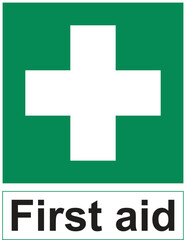 Fototapeta premium First aid sign, green square and white cross symbol with First aid text, printable sticker, vector illustration