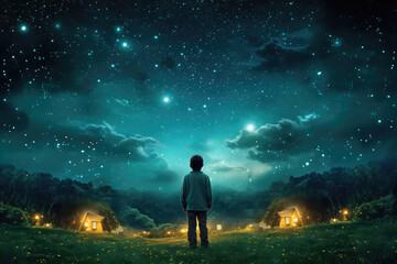Fototapeta na wymiar The view from the back is of a boy looking up at a cloudy starry night sky with lots of bright flashes. A creative concept of imagination, a child's dream. Generative AI illustration.