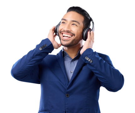 Headphones, music and business man isolated on transparent png background for audio streaming service. Excited, inspiration or idea with happy asian person listening to podcast and sound electronics