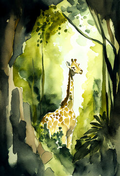 Watercolour of a giraffe standing in a jungle nature environment which is an African wild animal found amongst the wildlife in the savannah, computer Generative AI stock illustration image 