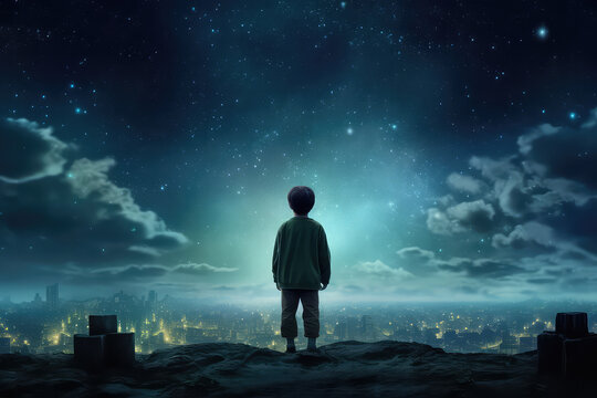 The view from the back is of a boy looking at night city and a beautiful starry night sky with lots of bright flashes. A creative concept of imagination, a child dream. Generative AI illustration.