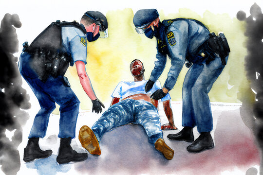 Watercolour painting of a black man of Afro Caribbean ethnicity laying on the ground, being arrested by police officers outlining Black Lives Matter issues, computer Generative AI stock illustration