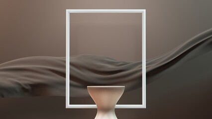 Empty podium or pedestal for product presentation. Dark background. Frame. Flying cloth in motion. 3d rendering