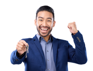 Portrait, motivation and keys with a realtor man isolated on a transparent background for real estate. Success, property and investment with the fist of a male salesman or agent cheering on PNG