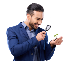 Man, magnifying glass and plant growth with inspection, check and ecology isolated on transparent png background. Search, investigation and knowledge, sustainability and investment with male employee