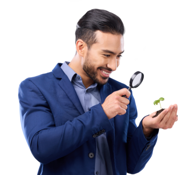 Man, magnifying glass and plant growth with inspection, check and ecology isolated on transparent png background. Search, investigation and knowledge, sustainability and investment with male employee