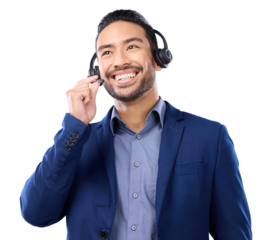 Call center, talking and business man, agent or consultant in virtual communication, customer support or contact. Solution, idea or advice of happy asian person isolated on transparent png background
