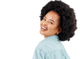 Beauty, happy and portrait of natural black woman with smile on png, isolated and transparent background. Fashion, cosmetics and female person laugh with positive attitude, confidence and happiness