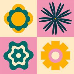 Trendy vintage square poster in retro colors. Multi-coloredwith playful colors and geometry, bright blocks and flowers, yellow green and pink. Poster in the style of the 90s, Y2K. 