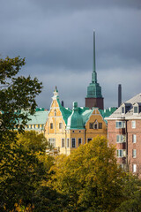 Park and buildings of Helsinki, capital of Finland. 