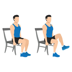 Man doing seated knee lifts or seated knee elevations. Flat vector illustration isolated on white background