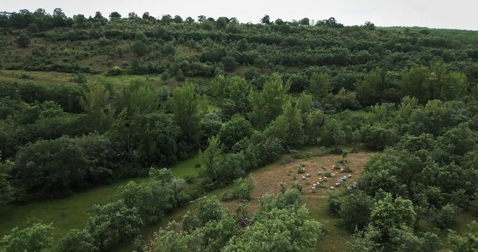 Aerial view of sierra de la demanda, Spain. Dron film green nature, trees and crop.