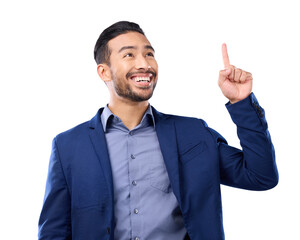 Smile, business man and pointing up at space isolated on a transparent png background. Asian...
