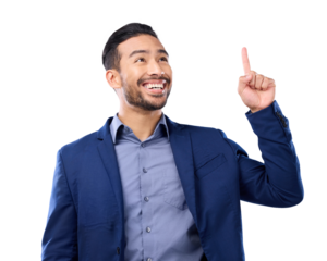 Smile, business man and pointing up at space isolated on a transparent png background. Asian person, hand gesture and point to marketing, advertising and excited for commercial, branding or promotion
