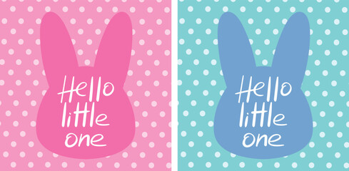 Hello little one greeting cards with a rabbit head outline. For celebration of a childbirth, birthday, pregnancy and baby shower