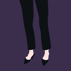 Abstract female legs in black trousers and high heeled shoes on purple background. Hand drawn vector art