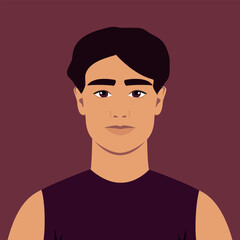 Young man with curly black hair in a purple shirt. Portrait of an abstract guy. Full face abstract male avatar in flat style