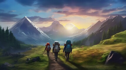 Obraz premium Mountain Trail: Group of Hikers Setting Off on Their Journey. Generative ai