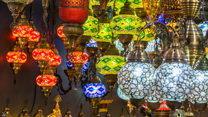 Mosaic lamps. Traditional Turkish handmade mosaic lamps in Grand Bazaar Istanbul. Decorative ornaments. Selective focus included.