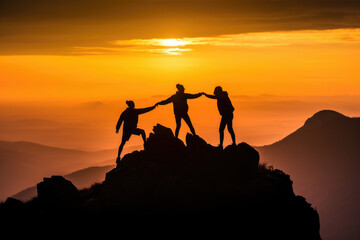 Teamwork help and assistance concept. Silhouettes of people climbing on mountain and helping.