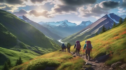 Obraz premium Mountain Trail: Group of Hikers Setting Off on Their Journey. Generative ai