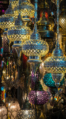 Mosaic lamps. Traditional Turkish handmade mosaic lamps in Grand Bazaar Istanbul. Decorative ornaments. Selective focus included.