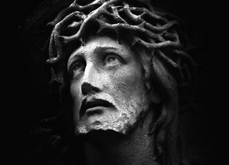 Macro image of face of Jesus Christ crown of thorns (statue)