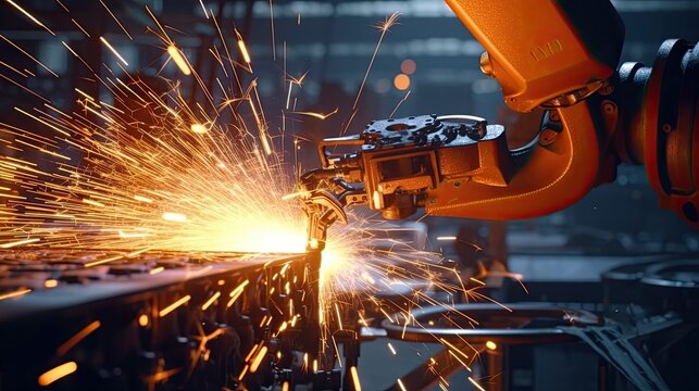 Industrial welding robot arm working on production line Advanced Robotic Automation in Industrial Production Lines: Smart Factory Technology and Smart Manufacturing Processes