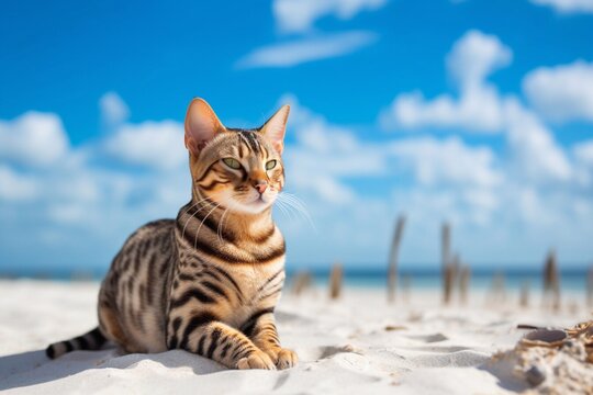 Portrait of a Bengal cat relaxing while enjoying the sunny atmosphere on the beach with a blue sky. Generative AI 