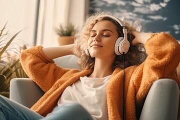 Young woman in headphones listening to music at home. Girl sitting on  sofa