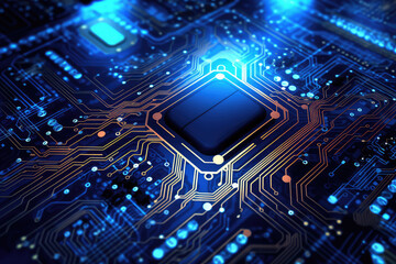 Electronic circuit chip board close-up wallpaper. Blue gold background of computer motherboard. Generative AI 3d render illustration imitation.