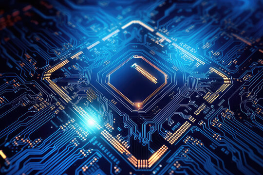 Electronic circuit chip board close up wallpaper with lights. Blue gold background of computer motherboard. Generative AI 3d render illustration imitation.