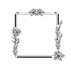 Botanical circle frame. Hand drawn round line border, leaves and flowers, wedding invitation and cards, logo design and posters template