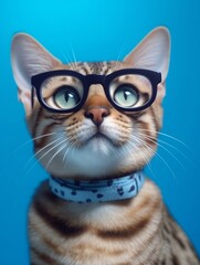 Cool portrait of cute Bengal cat using eyeglasses on blue background. Generative AI