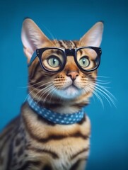 Cool portrait of cute Bengal cat using eyeglasses on blue background. Generative AI