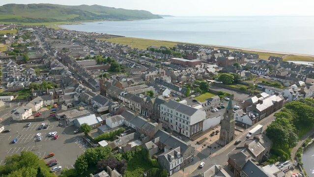 Aerial drone video of the coastal town named Girvan in Scotland