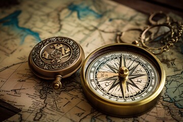 Fototapeta na wymiar Vintage Compass Lying on an Old Map. Generative ai